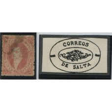 ARGENTINA 1864 GJ 19 RIVADAVIA ESTAMPILLA DE 1ra TIRADA CON MATASELLO ROCOCO DE SALTA U$ 30 + 100 %